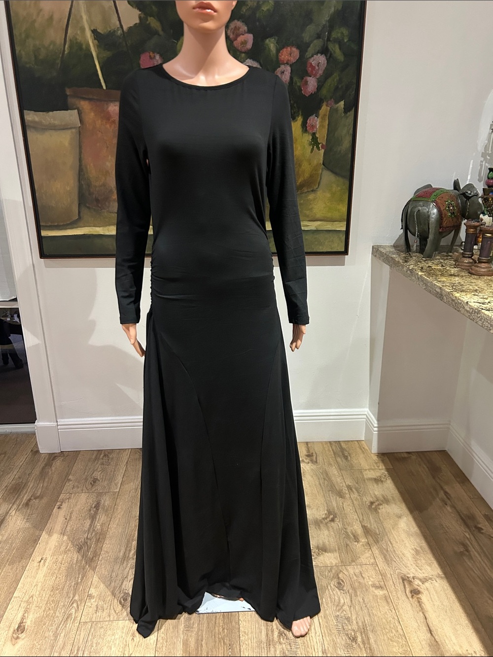 NWOT Black maxi dress with ruching and long sleeves